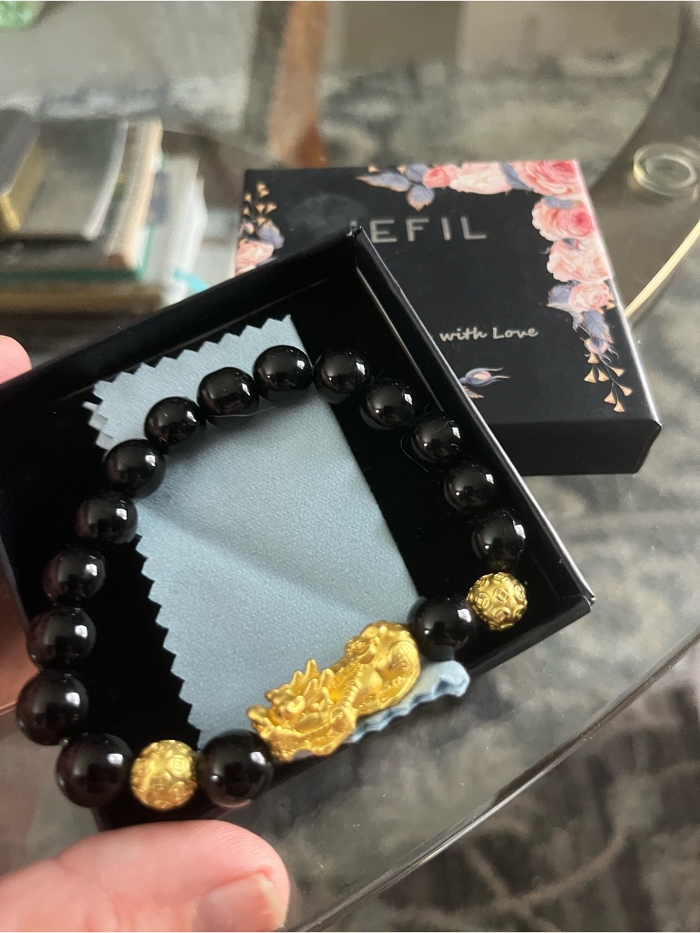 NWT Black Beaded Bracelet with Gold Dragon Accent